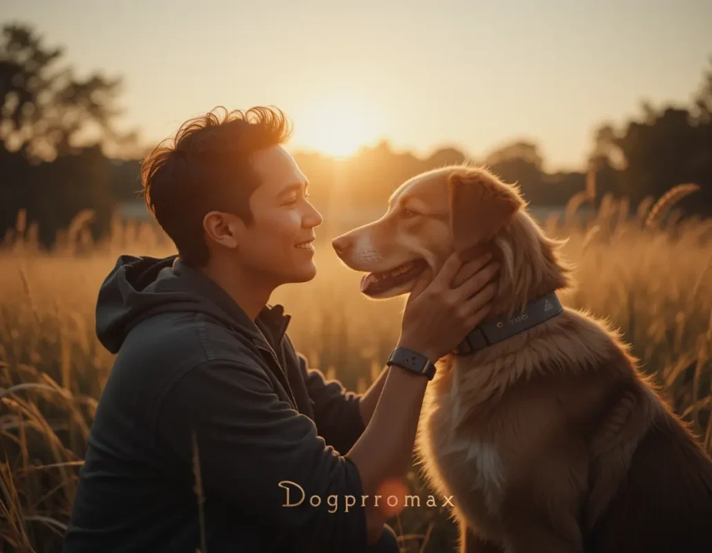 Dueño y perro disfrutando juntos al atardecer con collar cómodo (2) Dueño y perro disfrutando juntos al atardecer con collar cómodo