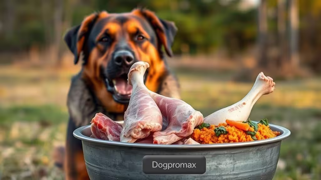 Razas de Perros y Alimentación Natural en 2025: Guía Avanzada sobre Dieta BARF 3 perro grande comiendo dieta barf con huesos carnosos y carne cruda
