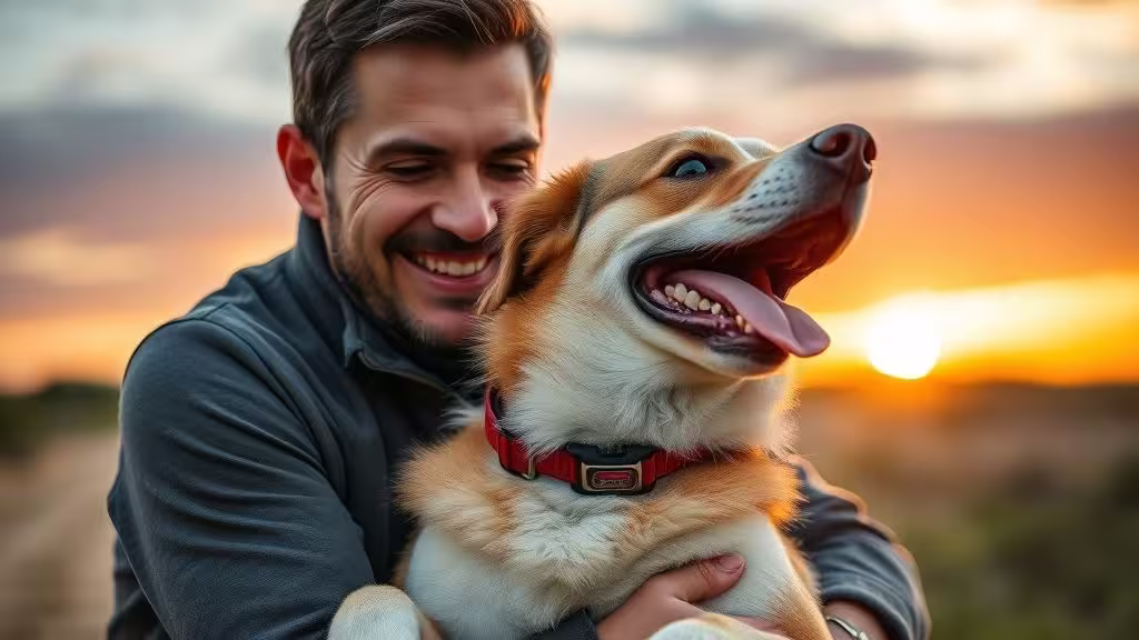 🐾 Alimenta a tu Perro como un Profesional: Guía Definitiva 4 Dueño y perro disfrutando juntos al atardecer con collar inteligente
