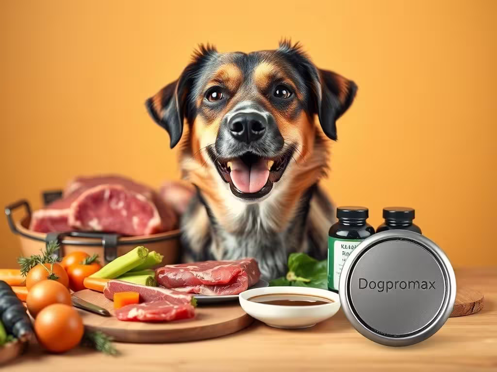 🐾 Alimenta a tu Perro como un Profesional: Guía Definitiva 1 Perro feliz junto a una comida balanceada con carne, vegetales y suplementos omega-3 Alimentar a tu Perro