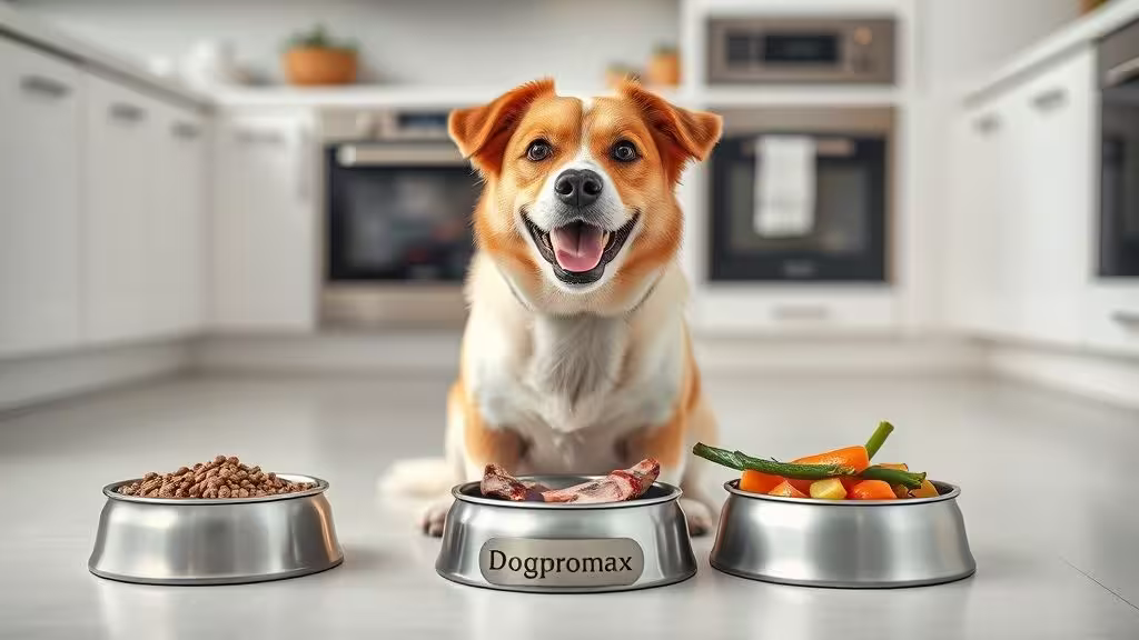 🐾 Alimenta a tu Perro como un Profesional: Guía Definitiva 3 Perro feliz frente a tres tipos de comida: croquetas, dieta BARF y comida casera, mostrando opciones de alimentación saludable
