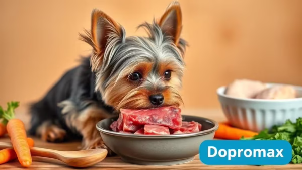 Yorkshire Terrier comiendo comida cruda BARF con zanahoria y pollo fresco
