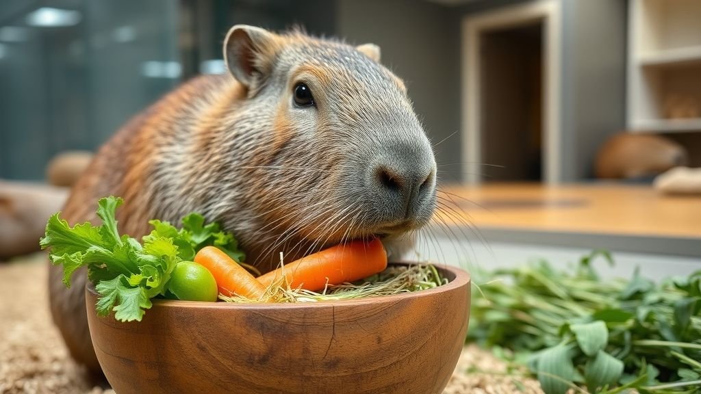 Capybara en cautiverio comiendo vegetales frescos y heno | Dogpromax